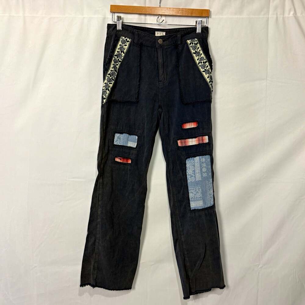 POL Blue Embroidered Patchwork Denim Pants Women’s Straight Leg Sz Small